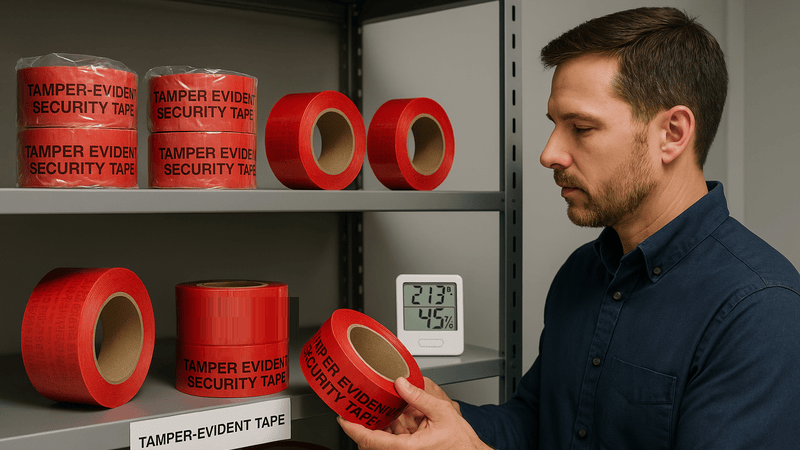 Employee conducting quality checks on security tape rolls