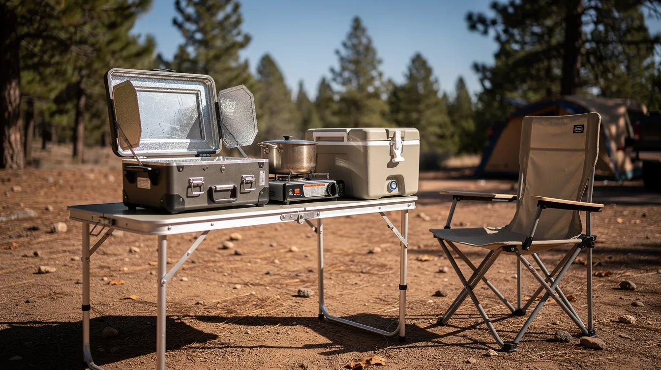 The image depicts a camp kitchen featuring a solar oven designed for solar cooking, alongside a propane stove, a cooler, and a folding chair. This setup showcases a practical outdoor cooking environment where food can be prepared using renewable energy sources.