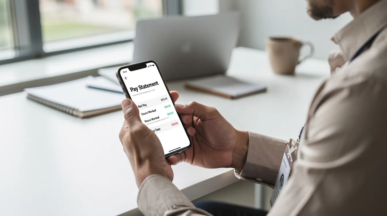 An employee is using a smartphone to check their pay information, likely accessing payroll software features such as pay stubs and payroll reports. This self-service capability allows them to stay informed about their employee wages and payroll deductions, contributing to efficient payroll processes.
