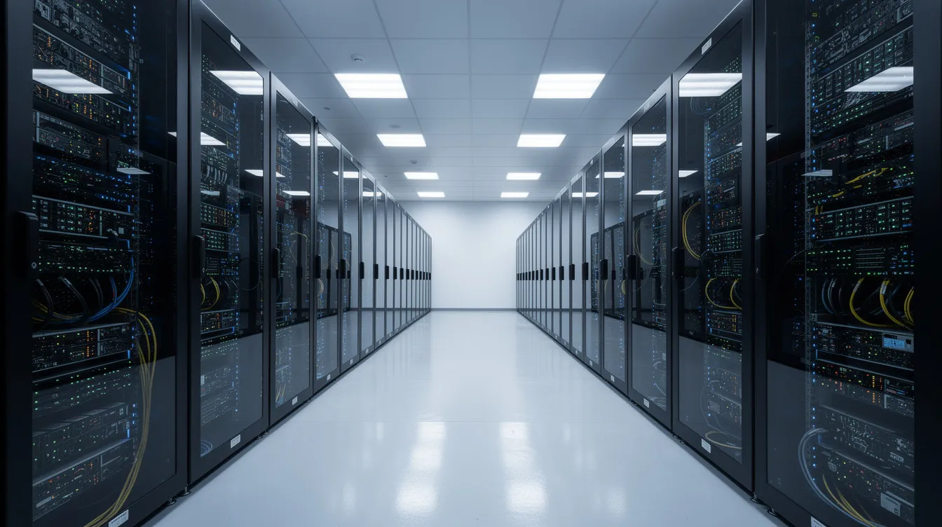 The image showcases a modern data center filled with rows of illuminated server racks, highlighting a clean and well-lit facility. This environment is ideal for hosting multiple client websites and managing various web hosting services efficiently.