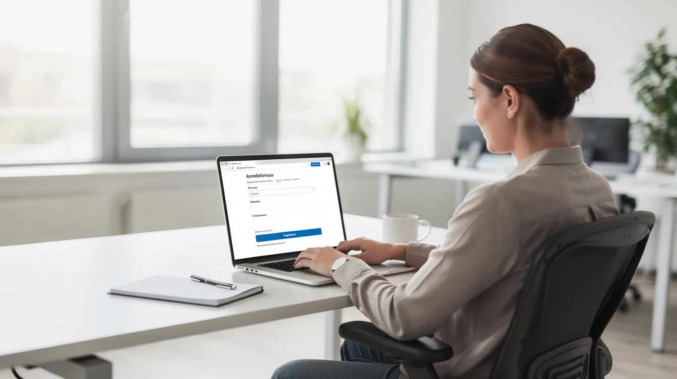 Eine Person sitzt an einem Schreibtisch in einer hellen Büroumgebung und füllt auf ihrem Laptop-Bildschirm ein Anmeldeformular aus, das die Eingabe einer E-Mail-Adresse und eines Passworts erfordert, um sich bei der Academy of Sports anzumelden. Im Hintergrund sind einige organisatorische Materialien und ein Rahmen zu sehen, die eine produktive Atmosphäre schaffen.
