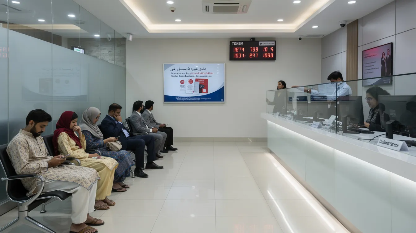 Inside a modern bank branch in Pakistan, people are waiting in line to conduct various banking transactions, including money transfers and account management. The atmosphere is busy as customers engage with staff to send money abroad, open HBL accounts, or inquire about remittances and fees.