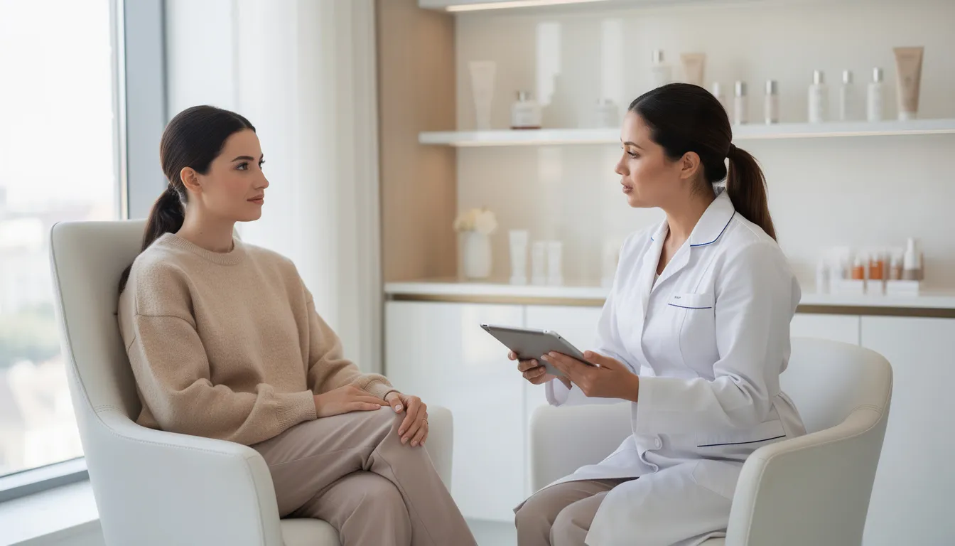 Kobieta siedzi w gabinecie kosmetycznym podczas konsultacji z doświadczoną kosmetyczką, omawiając zabieg depilacji woskiem, który ma na celu usunięcie niechcianego owłosienia. W tle widać profesjonalne akcesoria oraz przytulne wnętrze, co podkreśla komfort i indywidualne podejście do klienta.