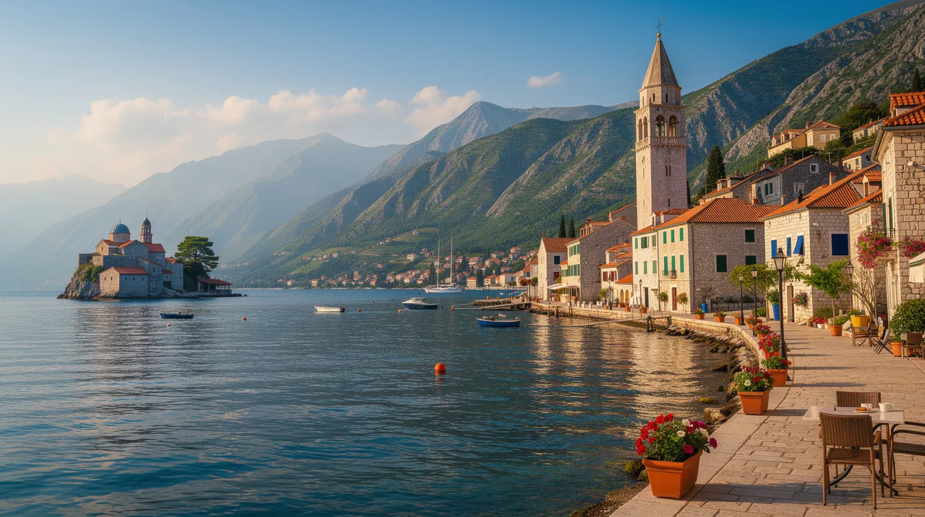 A imagem mostra a pitoresca cidade de Perast, em Montenegro, com suas encantadoras casas à beira da baía de Kotor, e a icônica Igreja de São Nicolau ao fundo. As montanhas majestosas cercam a área, criando um cenário que parece saído de contos de fadas.