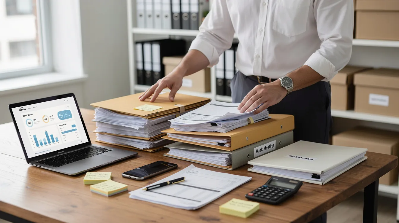 A small business owner is seen organizing various documents and files on a table, preparing for a visit to the bank to discuss their mudra loan application. The materials include bank statements, business registration documents, and a clear business plan, essential for establishing eligibility for business loans and ensuring a smooth loan approval process.