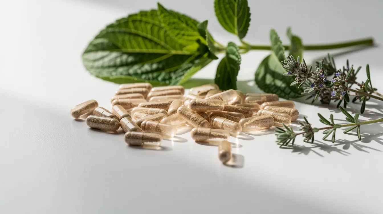 The image features an assortment of natural herbal supplements and capsules, including ingredients like maca root extract and horny goat weed, elegantly displayed on a clean surface alongside vibrant green plant leaves. This arrangement highlights the focus on male sexual health and natural enhancement, emphasizing the use of dietary supplements for improved sexual performance and stamina.