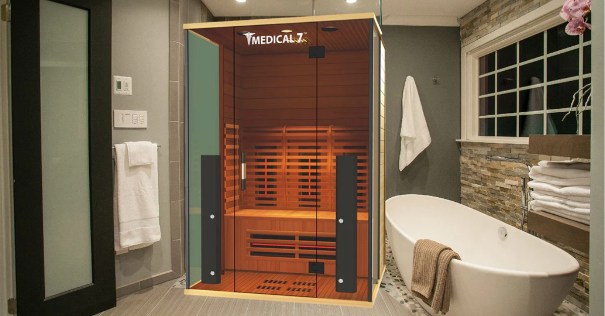 Image of the Medical 7 Ultra Full Spectrum Sauna in a customer's bathroom.