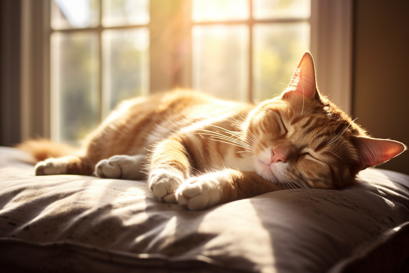A cat taking a cat nap in the sun on a cozy cushion