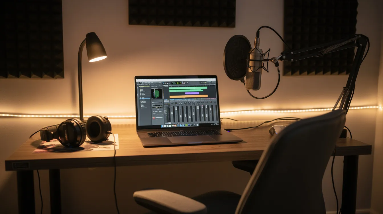 Das Bild zeigt ein kleines Heimstudio mit einem Laptop, einem Mikrofon und Kopfhörern auf einem Schreibtisch. Die gemütliche Beleuchtung schafft eine einladende Atmosphäre für Musiker und Künstler, die an ihren Songs und Playlists arbeiten.