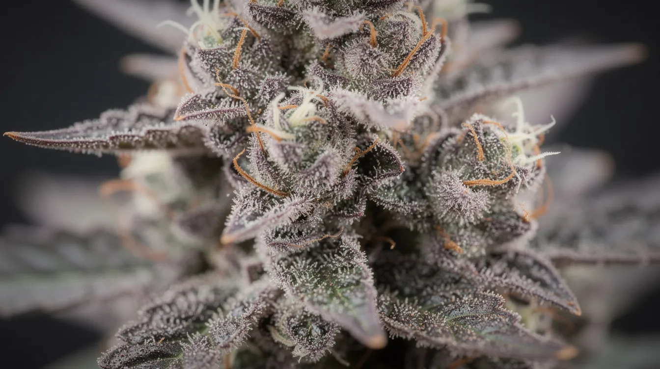 A close-up view of dense cannabis buds showcases vibrant purple and green hues, adorned with frosty white trichomes and bright orange pistils, highlighting the beautiful features of the lemon cherry gelato strain. The image captures the rich texture and colors that are characteristic of high-quality cannabis, appealing to both experienced cannabis consumers and medical marijuana patients.