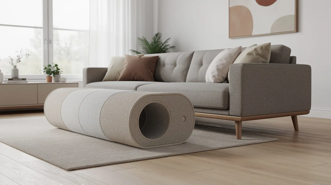 A modern living room features a neutral-toned, soft fabric cat tunnel positioned beside a stylish sofa, providing a fun space for indoor cats to explore, hide, and play. The tunnel includes two peepholes, making it an engaging spot for kittens and small pets to chase and rest.