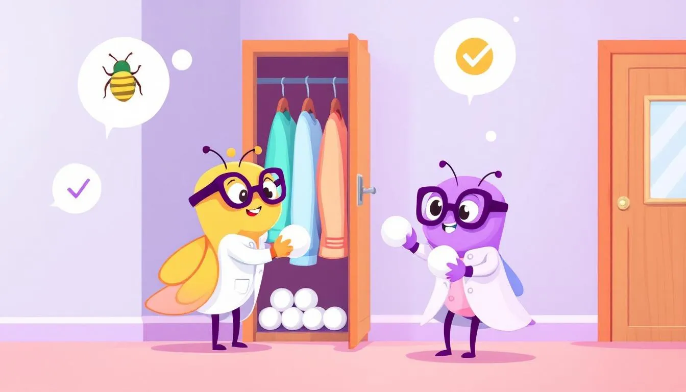 An illustration of moth balls being placed in a closet to prevent pests.