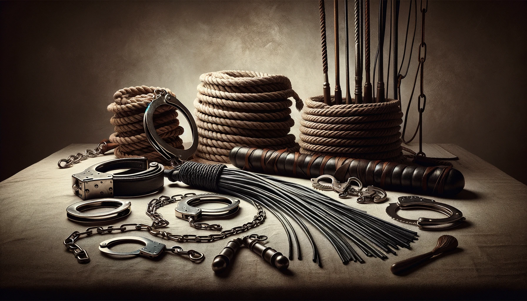 Various bondage tools including restraints, ropes, and sensory items