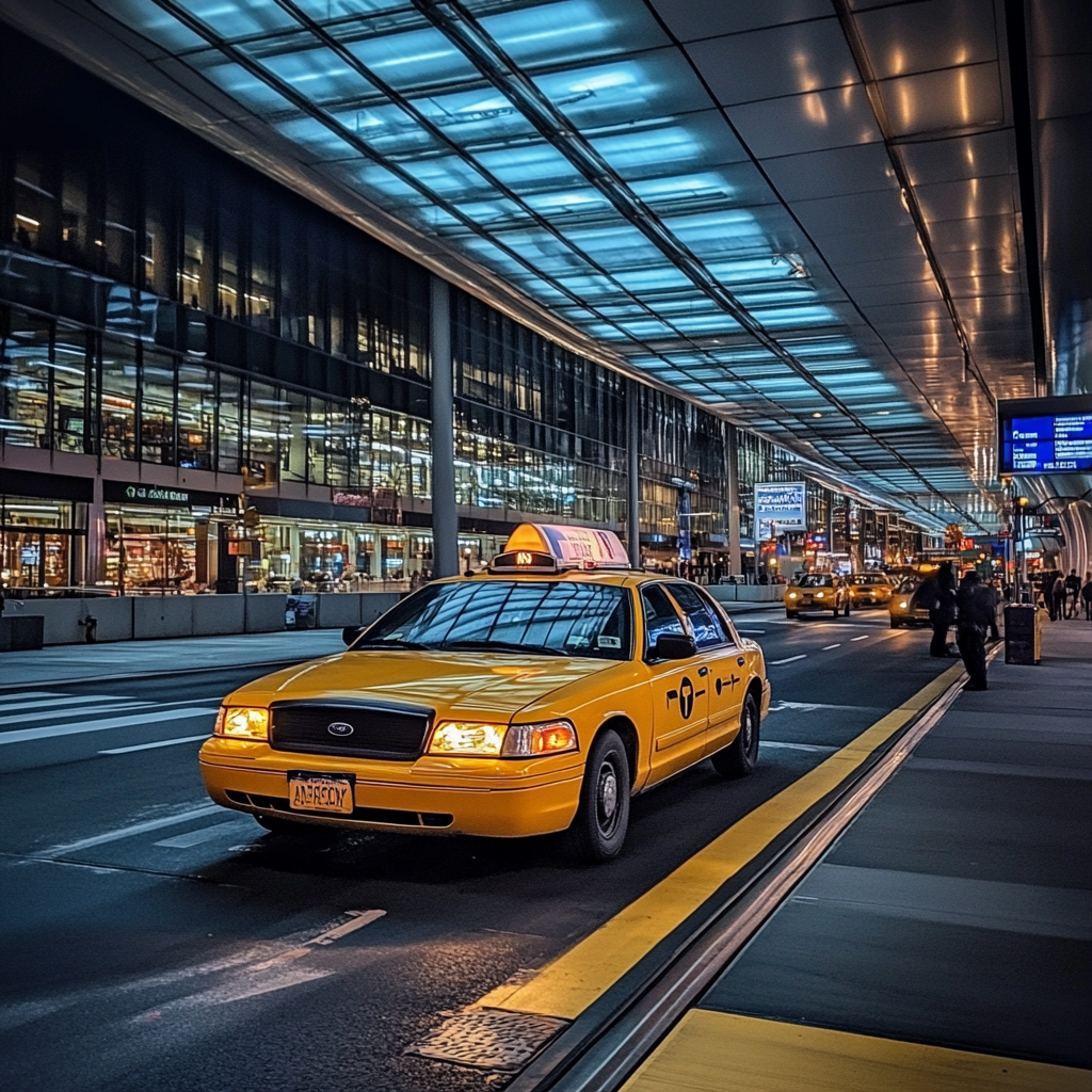 A taxi at JFK Airport ready to transfer passengers to Manhattan, showcasing convenience and cost.
