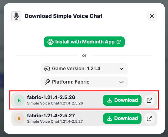 The download dialog with the latest release version of the Fabric mod selected.