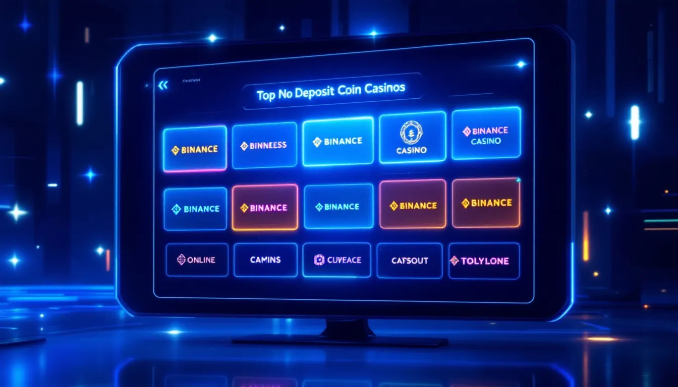 A selection of top no deposit Binance Coin casinos highlighted on a digital screen.