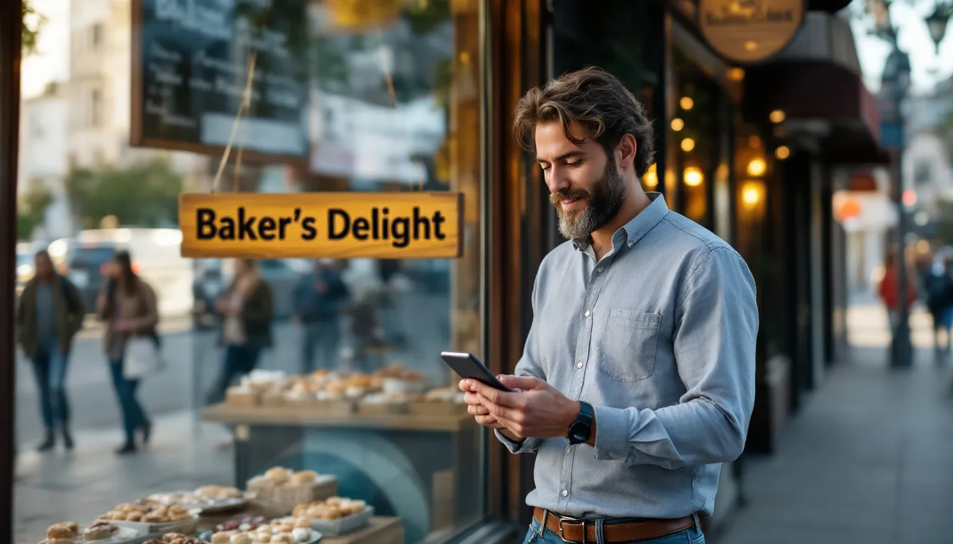 A local business owner is standing outside their storefront, checking their Google Business Profile on a mobile device to ensure their business information is up to date. They are focused on optimizing their profile to attract more customers and improve visibility in local search results.