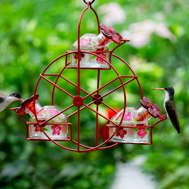 Colourful Ferris Wheel Hummingbird Feeder brimming with nectar, ready to attract a flurry of hummingbirds to your garden.