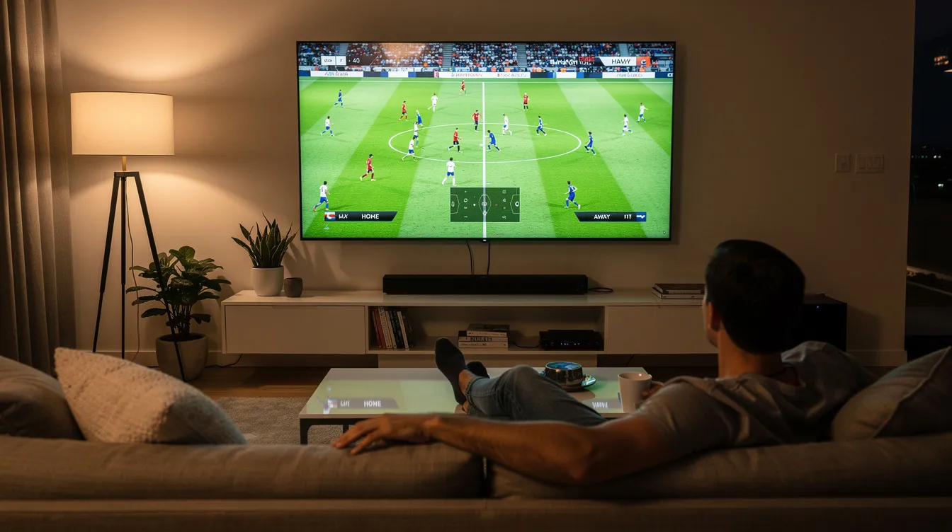 A person is comfortably relaxing on a couch in a modern living room, engrossed in a sports broadcast on a large flat-screen TV, showcasing live sports channels with superior picture quality. The scene highlights the convenience of streaming live TV through various IPTV services, perfect for sports fans enjoying seamless streaming from compatible devices.