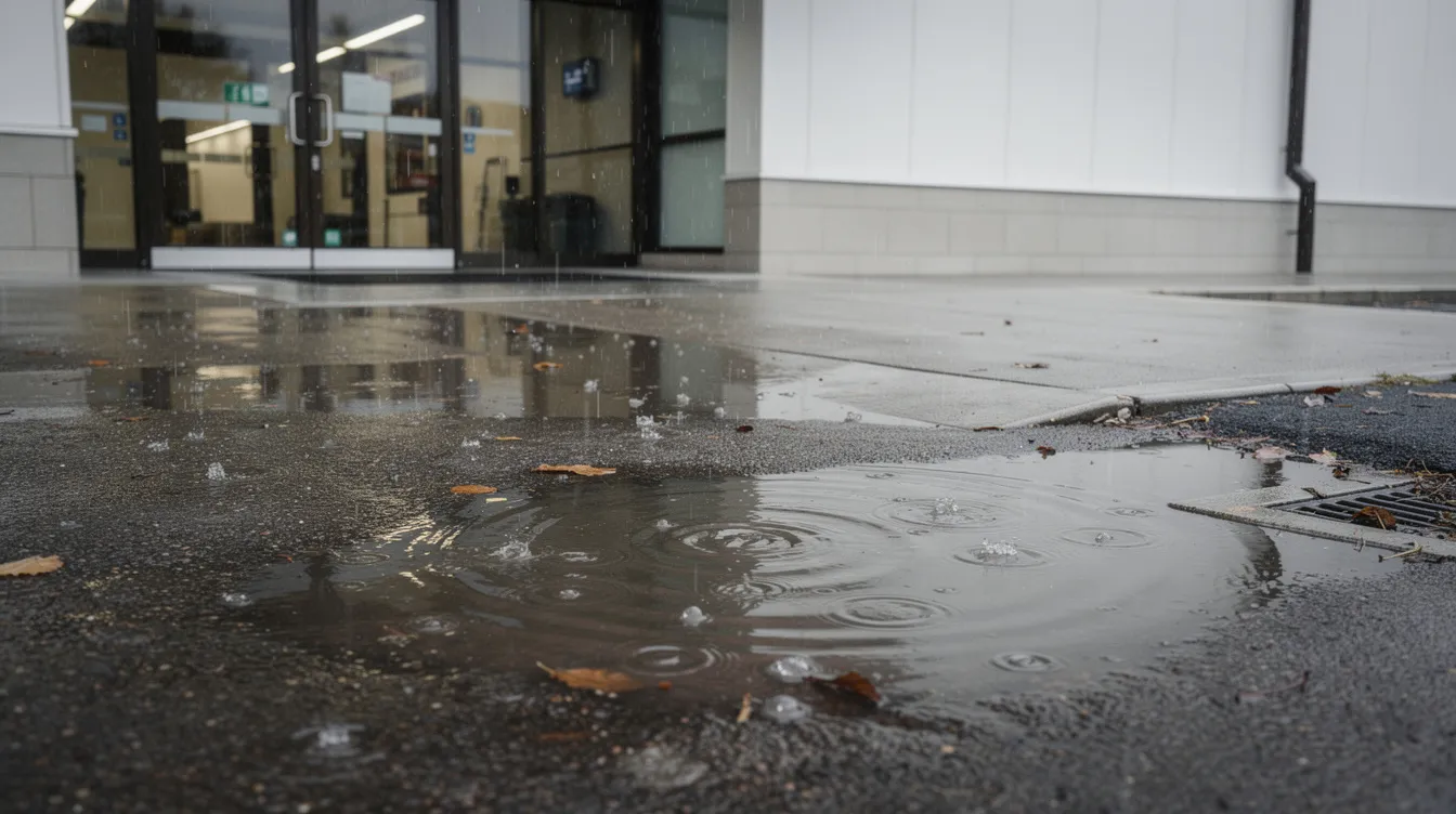 The image depicts stormwater pooling near the entrance of a building after heavy rain, creating a risk for water damage and potential mold growth. This standing water can lead to further damage if not addressed promptly by water damage restoration services.