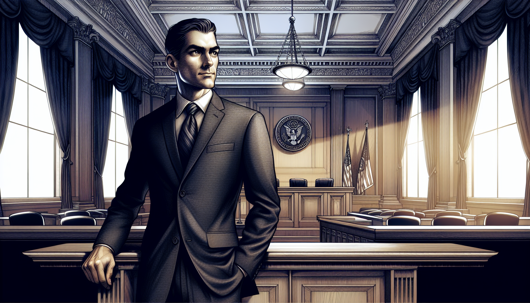 Illustration of a lawyer standing in a federal court