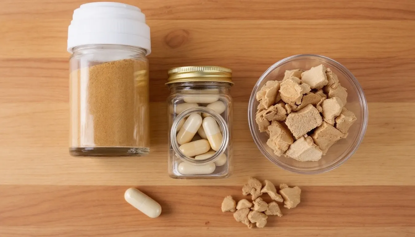 The image displays various formats of astragalus supplements, including powder, capsules, and dried root pieces, artistically arranged on a natural wooden surface. These supplements are often used in traditional Chinese medicine to support immune health and may offer benefits for conditions like chronic fatigue syndrome and autoimmune diseases.