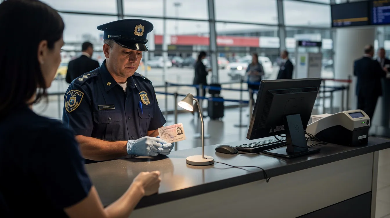 A customs officer is seen at a checkpoint, carefully inspecting a passport for entry requirements and ensuring it meets the necessary criteria for travelers, including those applying for a visa or utilizing the visa waiver program. The scene highlights the importance of proper documentation for individuals visiting the USA for business or tourism purposes.