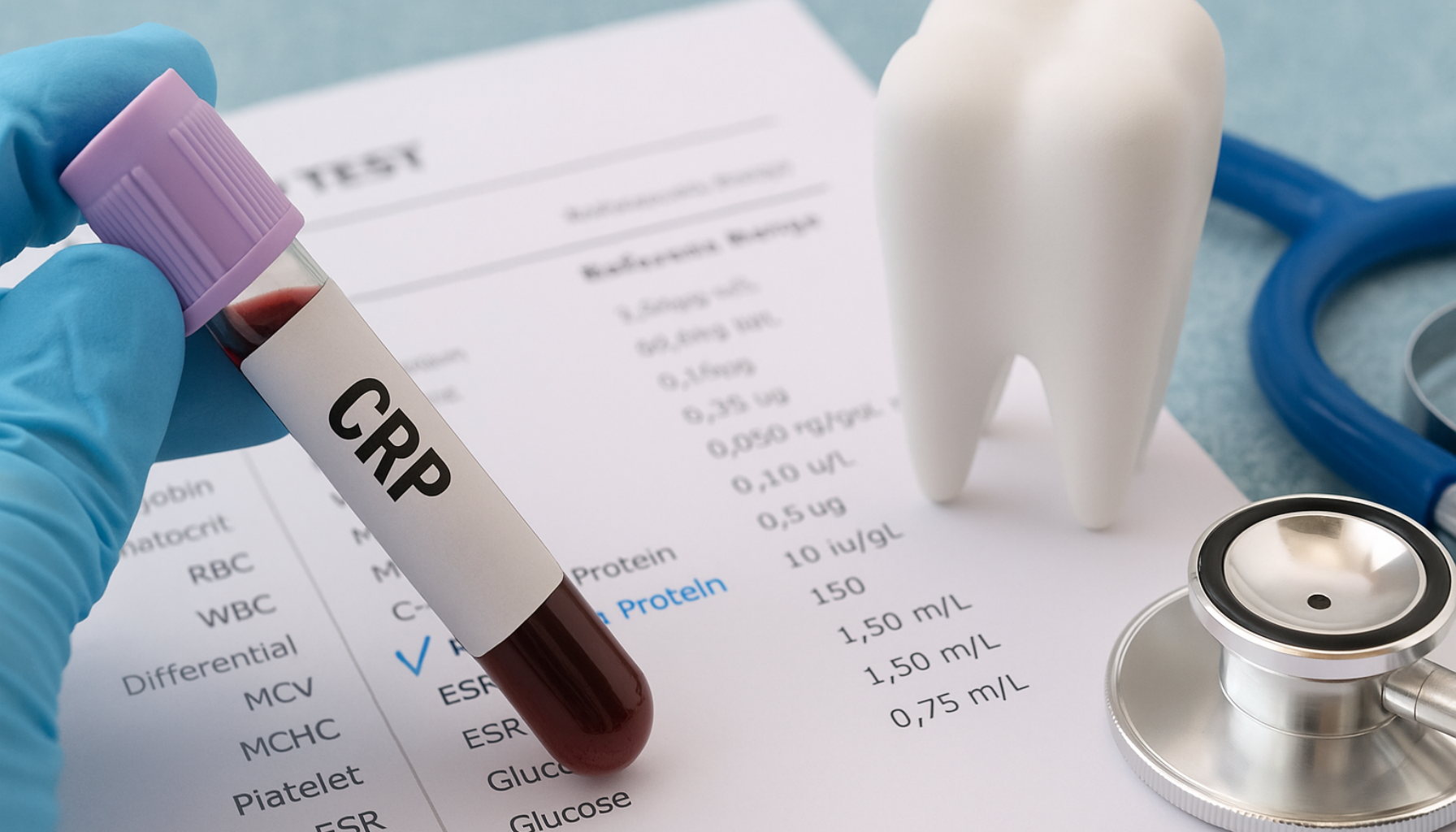 Blodprøve med CRP-rør ved siden av tannmodell og stetoskop, illustrerer kobling mellom blodtest og tanninfeksjon."