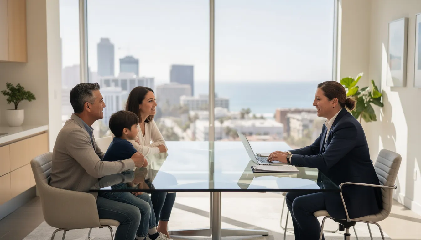 A professional attorney is meeting with a family in a modern office in San Diego, discussing estate planning and legal guidance for their probate matters. The attorney provides support and legal counsel to help the family navigate potential legal disputes and ensure proper trust administration.