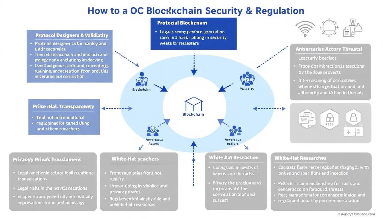 The image depicts a group of protocol designers and validators engaged in a serious discussion about the implications of potential adversarial manipulation in blockchain technology, particularly focusing on the importance of transparency and privacy routing. In the foreground, a whiteboard illustrates key concepts like "25 million in cryptocurrency" and "money laundering schemes," highlighting the legal risks faced by white-hat researchers and the potential for stricter regulations across all blockchains, including Ethereum.