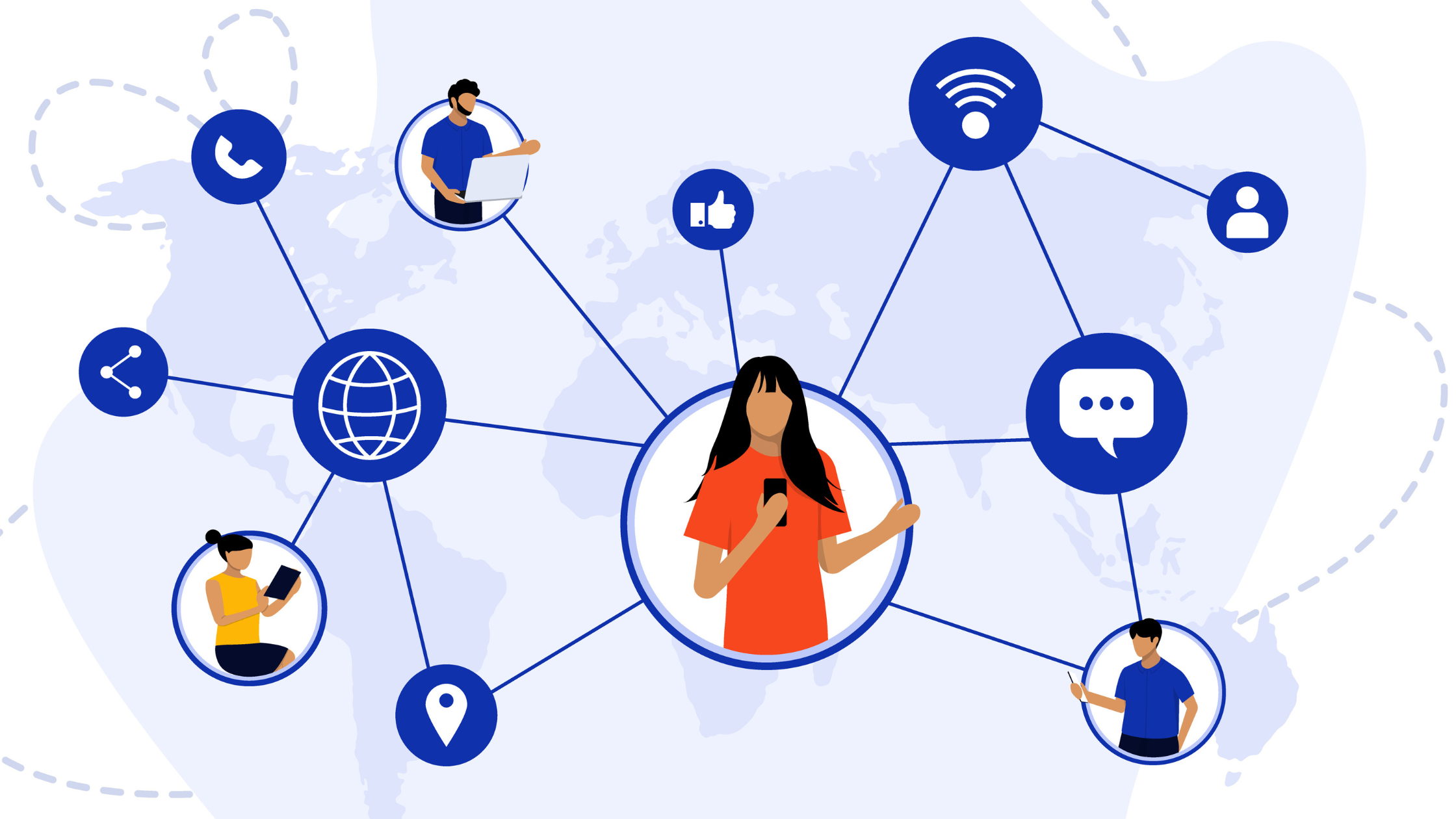 Illustration of people connected by digital icons like chat, phone, internet, and social media, symbolizing how unified communications brings together tools for seamless communication.