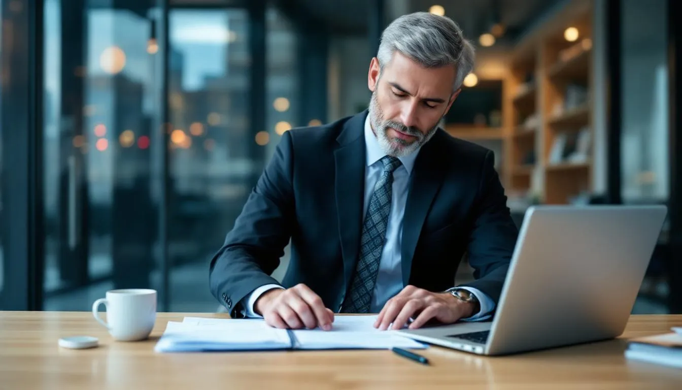 An executive is seated at a desk in a modern office, reviewing key person disability insurance policies and discussing the financial protection these policies offer for vital employees. The scene conveys a sense of professionalism and the importance of securing business operations against unexpected challenges.