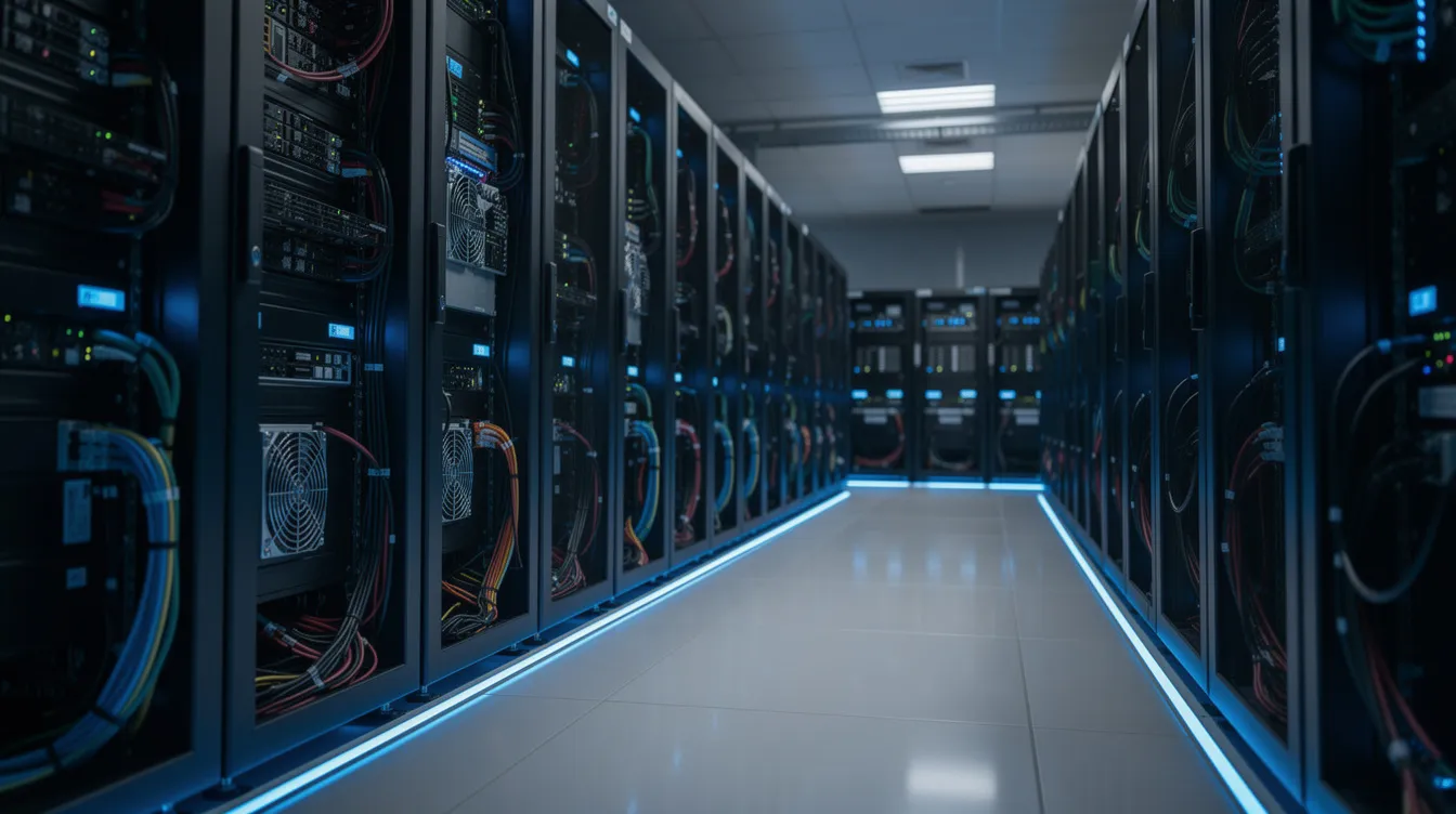 Das Bild zeigt einen modernen Serverraum, der mit blauen LED-Lichtern beleuchtet ist. Die Serverschränke sind ordentlich sortiert und bieten eine klare Struktur für die Cloud-Infrastruktur eines Unternehmens, das auf Internetdienste spezialisiert ist.