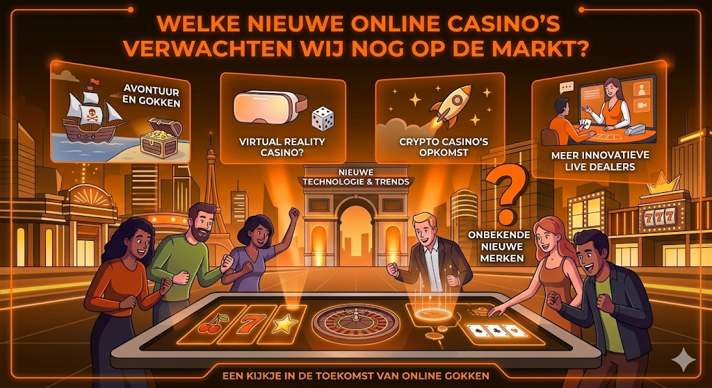 Illustratie over toekomstige nieuwe online casino’s in Nederland, met trends zoals virtual reality casino’s, crypto casino’s, innovatieve live dealers en nieuwe merken op de online gokmarkt.