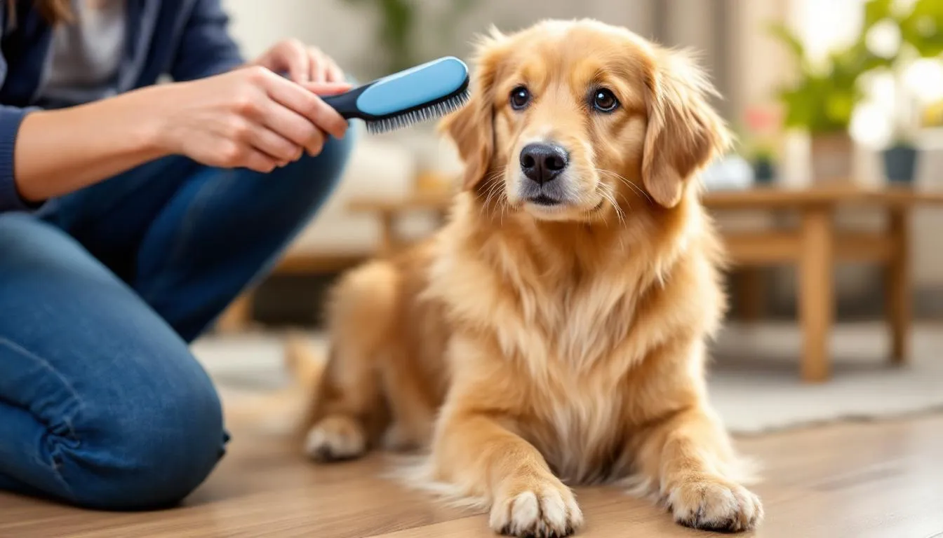 A miniature goldendoodle is being brushed by its owner using a slicker brush, demonstrating proper grooming techniques to maintain its hypoallergenic coat and prevent matting. The dog