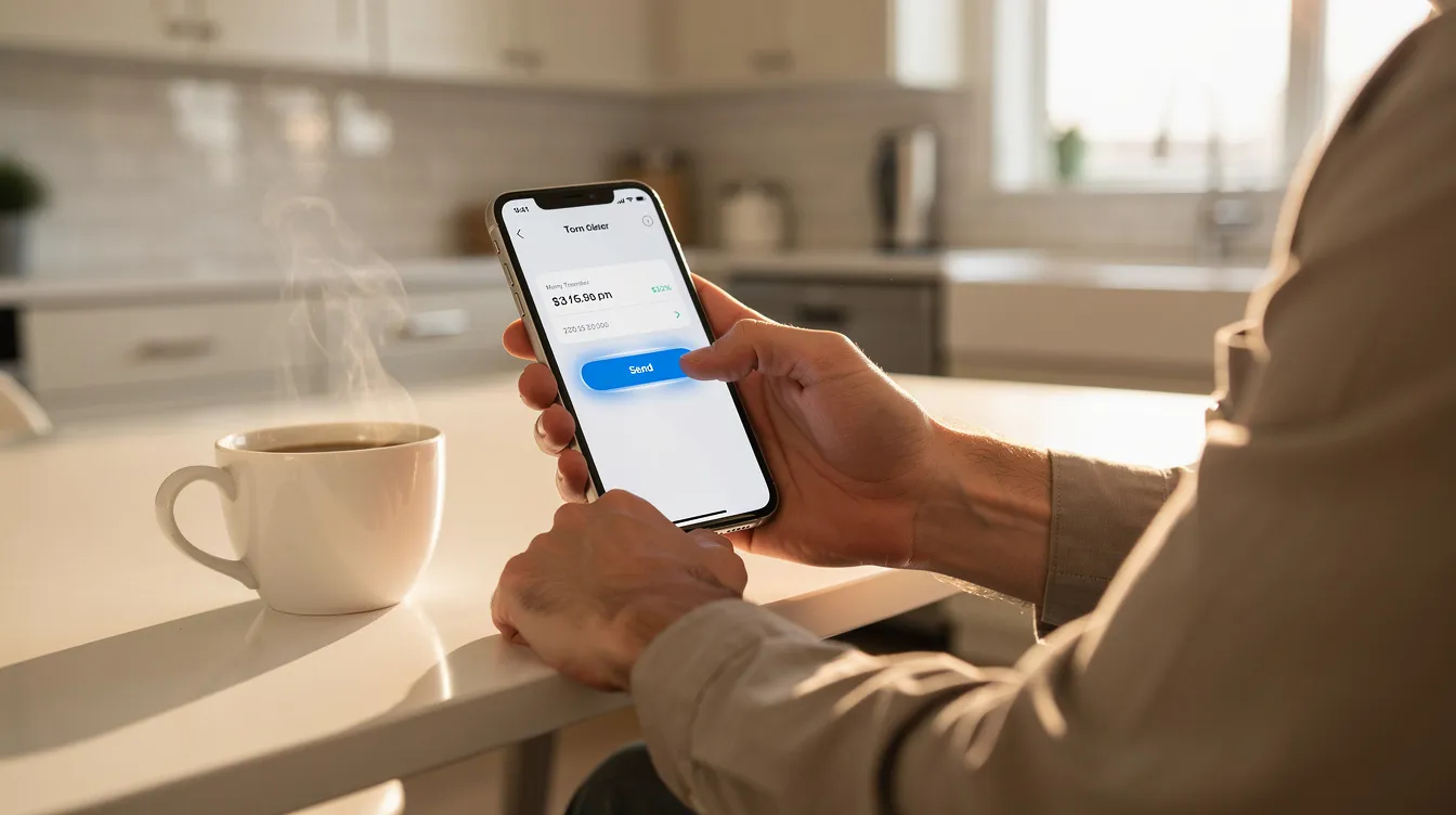 A person is sitting at a kitchen table, using a smartphone to tap the send button on a financial app, with a coffee cup placed nearby. This scene reflects the smooth communication and high demand for jobs in Italy, especially for workers from the Philippines looking to manage their finances efficiently.