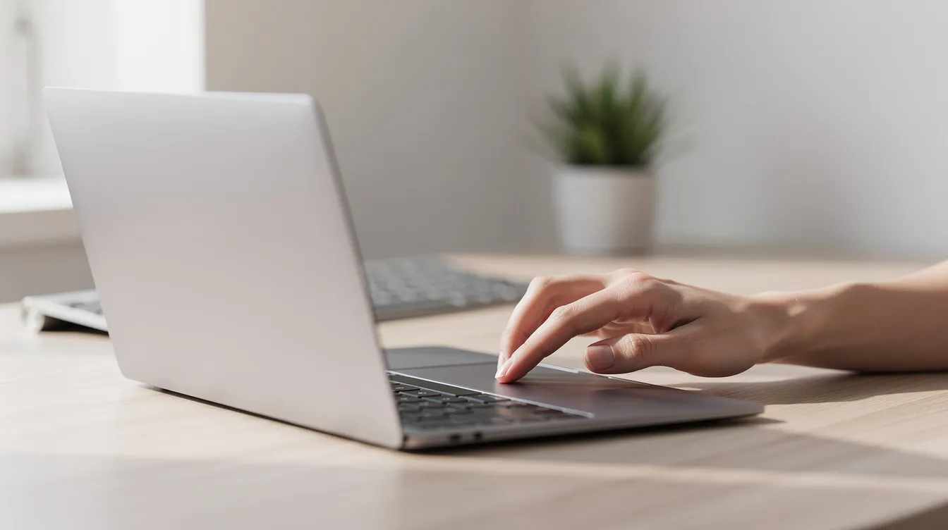 A person is clicking on a laptop trackpad in a clean, minimalist workspace, suggesting a focus on productivity and technology. This setting could be ideal for tasks related to VPS hosting or managing virtual private servers, emphasizing a professional environment for users in Germany.
