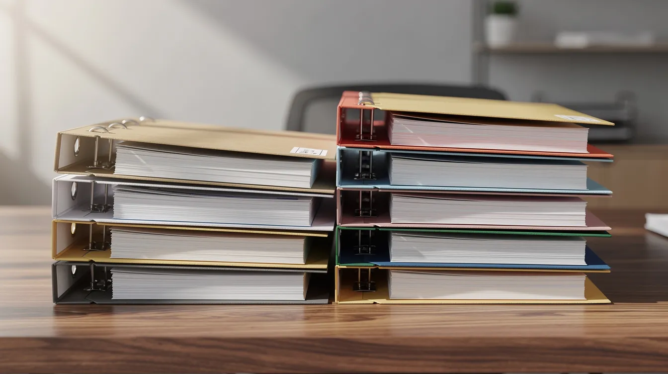 6318ba6d fd9d 4ba4 ab83 98a9296dd656 The image depicts a neatly organized array of paper files and folders stacked on a wooden desk, suggesting a well-structured workspace for managing loan applications and business documentation related to micro enterprises and the Mudra scheme. This orderly setup signifies the importance of efficient paperwork processing for borrowers seeking funding and support from small finance banks.