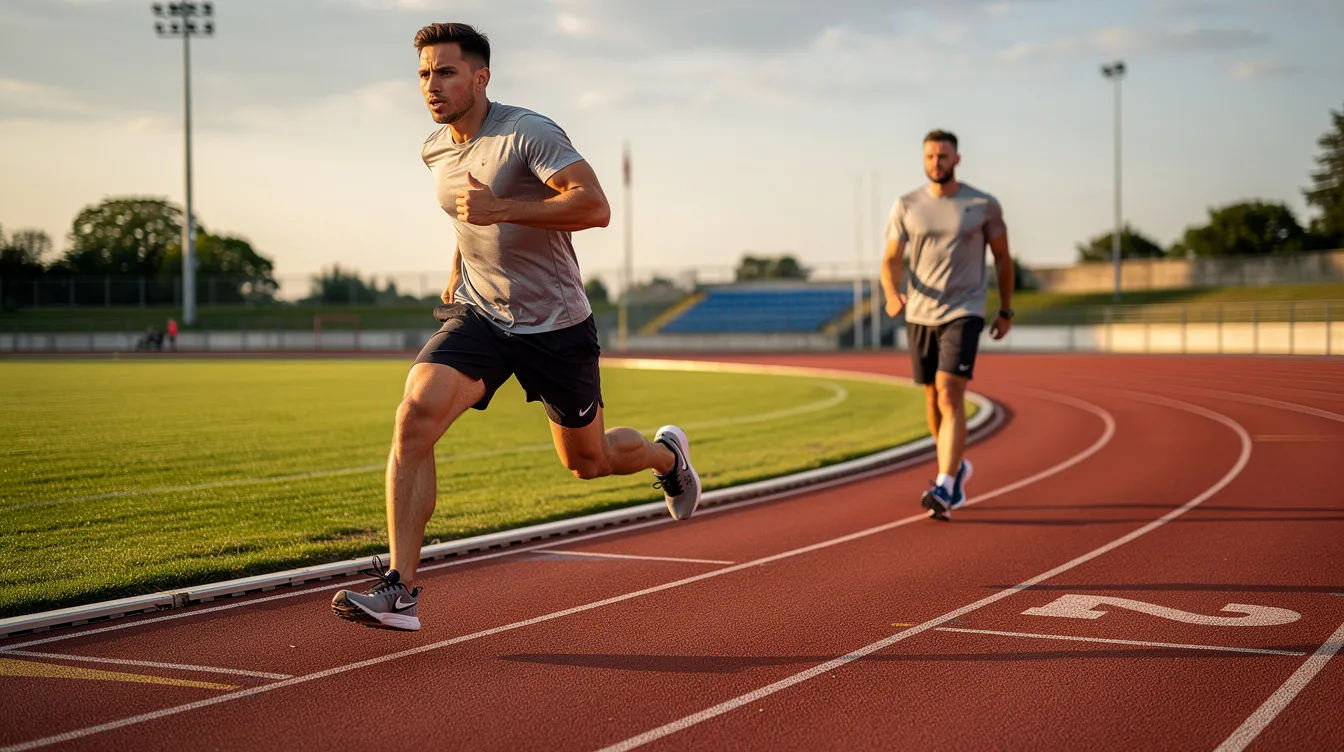 Een persoon doet buiten op een atletiekbaan korte sprints, afgewisseld met rustig wandelen om te herstellen. Deze training is een effectieve manier om de hartslag te verhogen en het uithoudingsvermogen te verbeteren, vergelijkbaar met een hiit workout.
