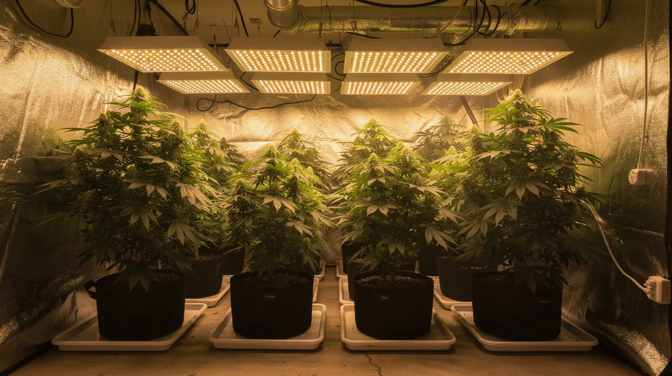 The image depicts an indoor cannabis grow room filled with rows of healthy green plants thriving under warm grow lights, showcasing the vibrant growth of various strains like hardcore og and dj short blueberry. This environment is ideal for producing potent buds, offering potential relief for ailments such as chronic pain and anxiety.