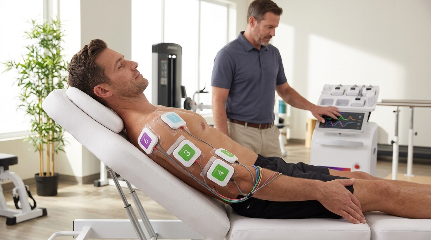 Physical therapist monitoring a multi-channel electrical stimulation device during a patient's treatment session