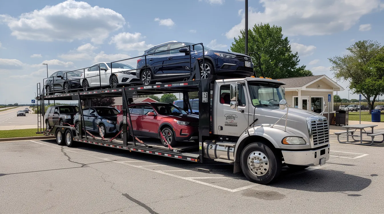 An open car hauler truck is parked at a rest stop, loaded with multiple vehicles ready for transport. This scene showcases the vehicle shipping process, highlighting the efficiency of auto transport services in Maryland.