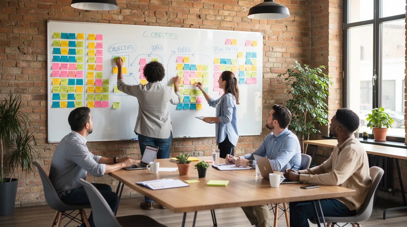 A team collaborating around a whiteboard covered in sticky notes.