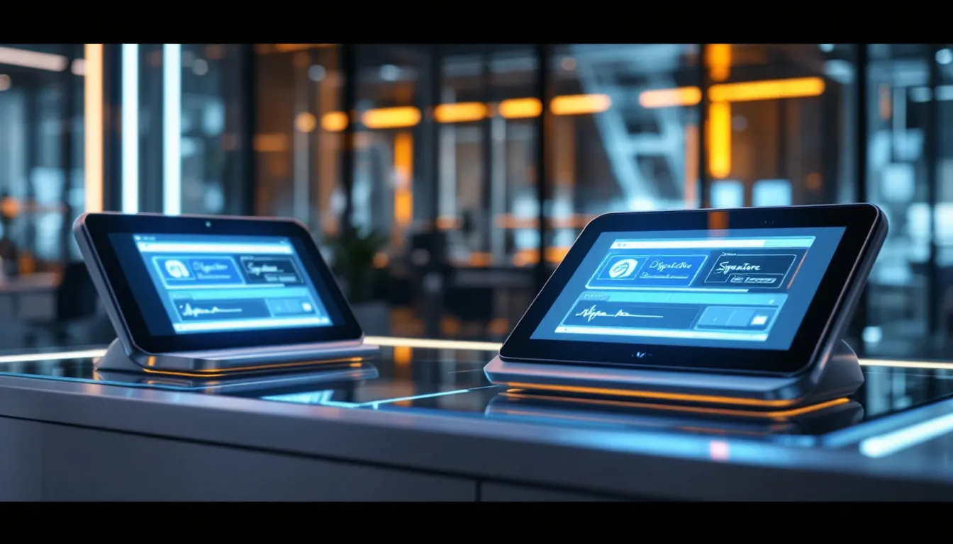 Na obrazie przedstawione są nowoczesne urządzenia do podpisywania elektronicznego, które umożliwiają składanie kwalifikowanego podpisu elektronicznego na dokumentach. W tle widoczny jest ekran komputera, na którym wyświetlane są złożone podpisy elektroniczne oraz interfejs do podpisywania dokumentów.