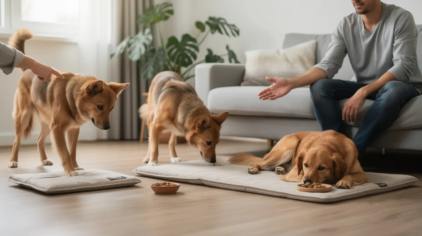 The image depicts a well-behaved dog lying calmly on a mat in a cozy room, demonstrating the "settle on a mat" training process. The dog's body language shows relaxation as it waits patiently for a verbal cue, illustrating effective dog training techniques.