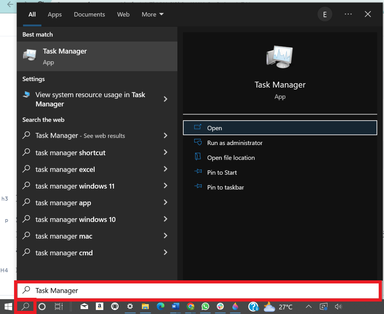 Locating the Task Manager using the Windows search widget