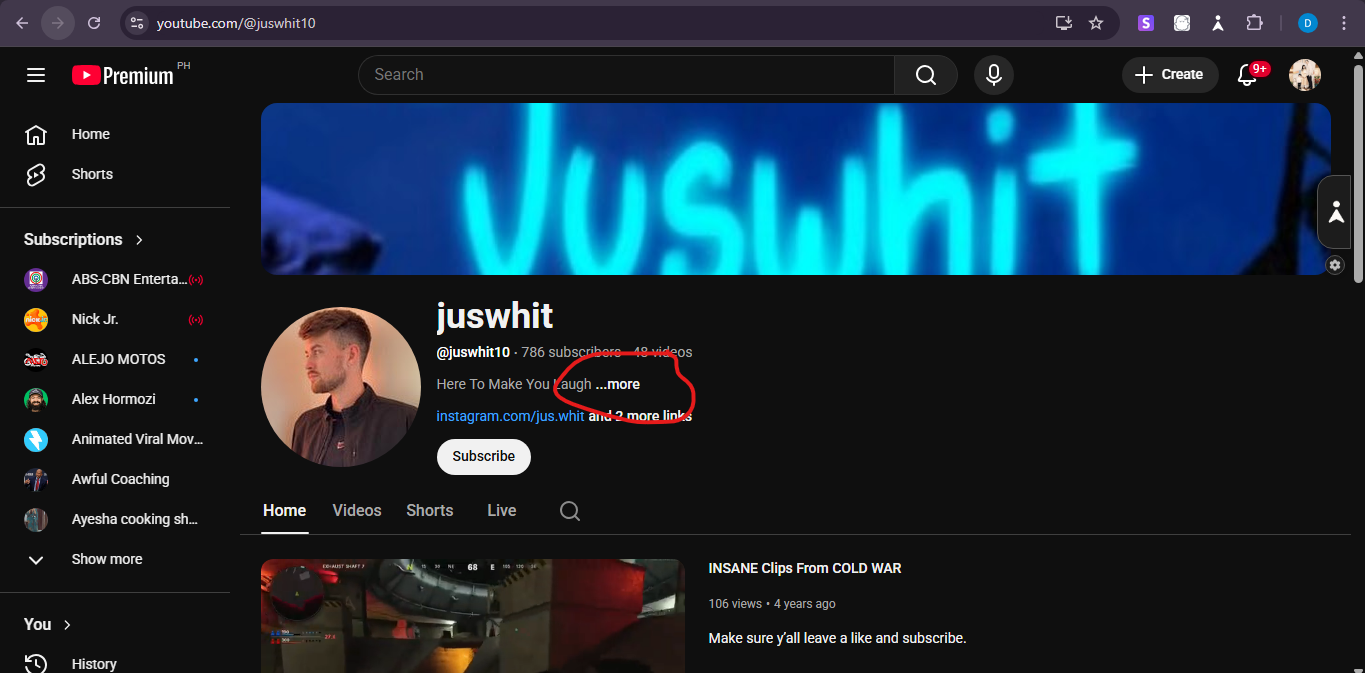 A screenshot of a YouTube channel homepage with the ‘more’ text on the page description or about tab.