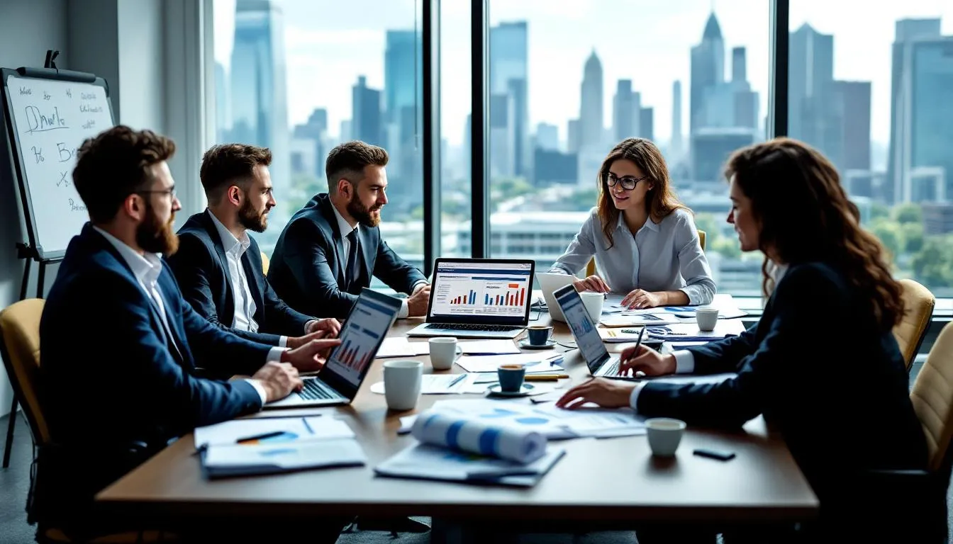 The image depicts a hotel management team gathered around a table, analyzing financial performance dashboards that display hotel operating costs and revenue management data. They are discussing strategies to optimize pricing and streamline operations to enhance guest satisfaction and maximize profitability.