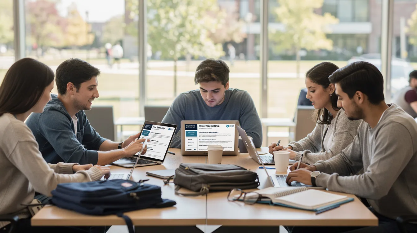 A group of students browsing internship opportunities on their computers, using a work based learning management platform