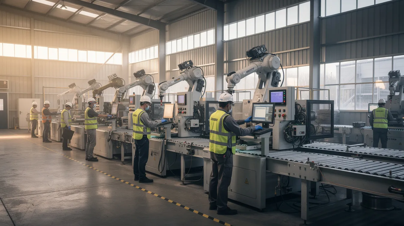 L'immagine mostra un ambiente industriale attivo, con diversi macchinari in funzione e operatori impegnati nel lavoro. Questo scenario evidenzia l'importanza della gestione dei fornitori e dei processi di qualifica, sottolineando il ruolo dell'intelligenza artificiale nel migliorare l'efficienza e la sicurezza nel settore.
